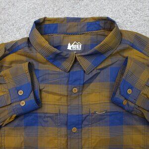 REI Co-op Shirt Men Medium Blue/Gold Plaid Roll Sleeve Nylon Stretch Long Sleeve